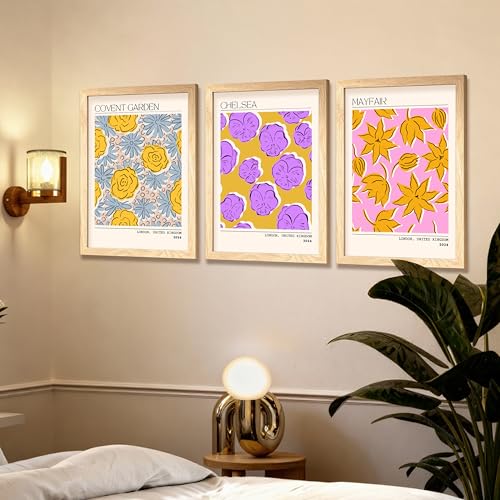 Image of NoWorries Trendy Abstract Floral Art Wall Frames | Modern Botanical Prints Inspired by London Paintings 300 GSM Premium Prints | Synthetic Wooden Stylish Frame Wall Decor for Bedroom, Living Room, Cafe & Office (Set of-3) (NATURAL, ART-1, 13X19INCHES)