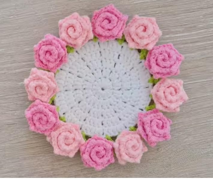 Crochet Rose Coaster, Handmade Floral Table Mat in Pink | 3D Rose Border, White Base, Cup Mat, Knitted Design, Home Decor-image-17