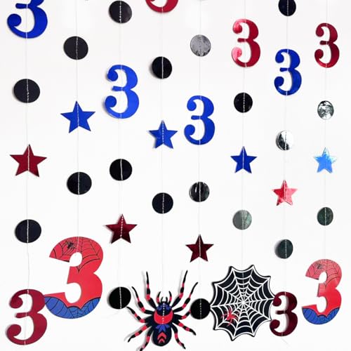 Image of 42Ft Spider 3rd Birthday Party Decorations Red Blue Stars and Black Spider Web Garland Streamer for Boys 3rd Cartoon Spiders Birthday Super Heros Cartoon Bday Party Decor Supplies