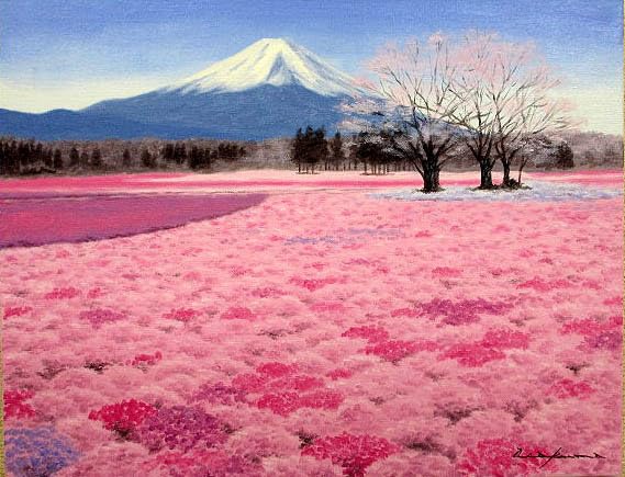 絵画 油彩 朝隈敏彦 富士に桜 油絵F4キャンパスのみ 送料無料