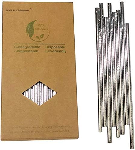 Pajitas de papel metálico para fiestas, color plateado macizo, pajitas biodegradables brillantes para jugo, cumpleaños, boda.