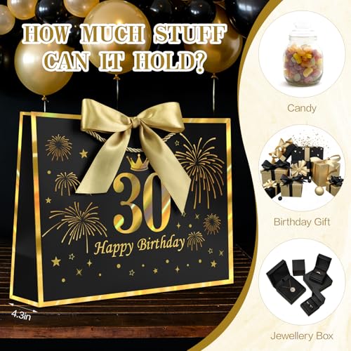 Image of JMANNI Black Gold 30th Birthday Gift Bag with Card and Tissue Paper, 12.6 inchx9.84 inchx3.9 inch Elegant Present Bag for Adults, 30 Year Old Birthday Keepsake Party Supplies