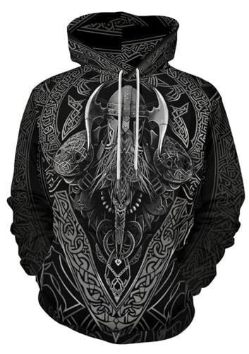 GLUDEAR Mens Vikings Tattoo Norse Mythology Graphic 3D Printed Hoodie Pullover Sweatshirt Hoodies Viking Armor L