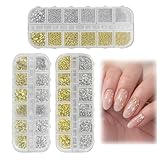 Lot de 3 Boîtes Strass Ongle Nail Art, 36 Types d'Ongles, en Forme d'Étoile Dorée, Argentée, Nœuds, Perles avec Pince à Épiler, Kit Nail Art Accessoires Design Faciles(Or et Argent)