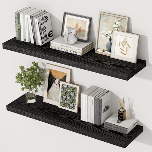 Image of 36 Inch Floating Shelves, 12 Inch Deep Floating Shelves for Wall, Extra Deeper & Thicker Wooden Wall Shelf with Invisible Brackets, Shelf for Bedroom Home Decor(Black, Set of 2)