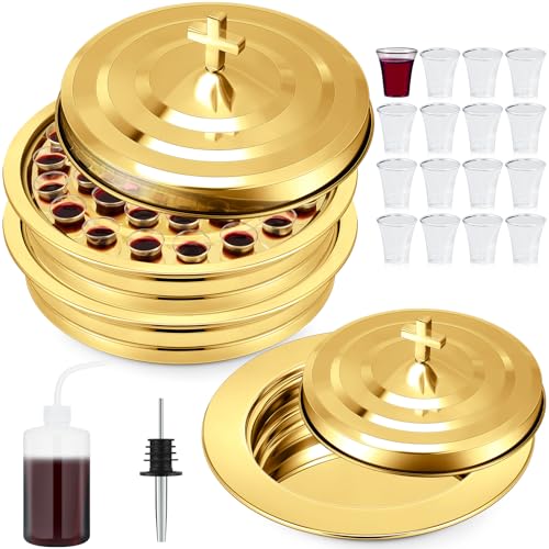 Zhehao Communion Set Holy Trays for Churches with Lid Communion Plates with Lid Churches Cups Filler and Disposable Cups Supplies(2 Pcs,Gold)