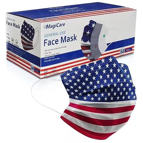 MAGICARE American Flag Mask - Printed Disposable Face Mask - Patriotic Design Masks for Adults - Disposable Face Masks with Designs - 4th of July Independence Day - 50/ Box (10ct packs) Cover