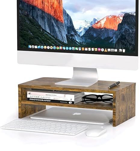 Image of OXMIC Wooden monitor /computer Stand Riser, computer /monitor stand for desk, monitor stand, monitor table, 40.6 x 20.3 x 15.2 cm, Desktop Organiser with Storage Shelf (RUSTIC BROWN)