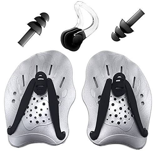 Training Hand Webs With Earplugs And Nose Clip, Professional Swimming Accessories Adjustable Shoulder Strap Swimming Swimming Trunks Suitable For Men And Children(Silver)