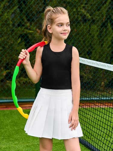 Image of Haloumoning Girls Tank Tops Kids Athletic Ribbed Knit Sleeveless Crop Tops Basic Camisole 5-14 Years
