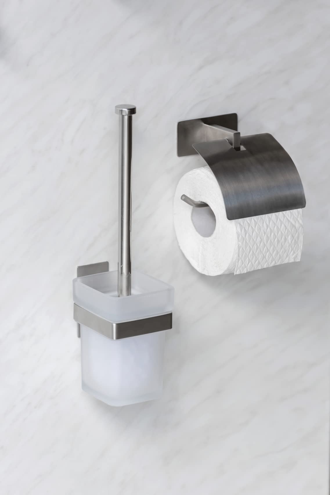 WENKO Turbo-Loc Genova Matte Toilet Brush and Holder Stainless Steel Wall Bracket for Attaching No Drilling Required with Removable Frosted Glass Container Including Toilet Brush 9 x 35 x 10.6 cm (W x - Image 3