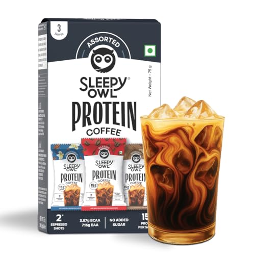 Image of Sleepy Owl Protein Coffee Powder, Assorted Trial Pack - 3 Flavours, 15g Whey Protein per Sachet, Low Calorie Under 97 Cal, No Added Sugar, Light & Easy to Digest, Pack of 3 Sachets (3N x 25g)