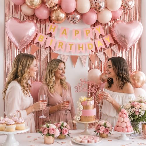 Image of Dusty Pink Birthday Decorations, Pink Rose Gold Sand Birthday Balloons Set