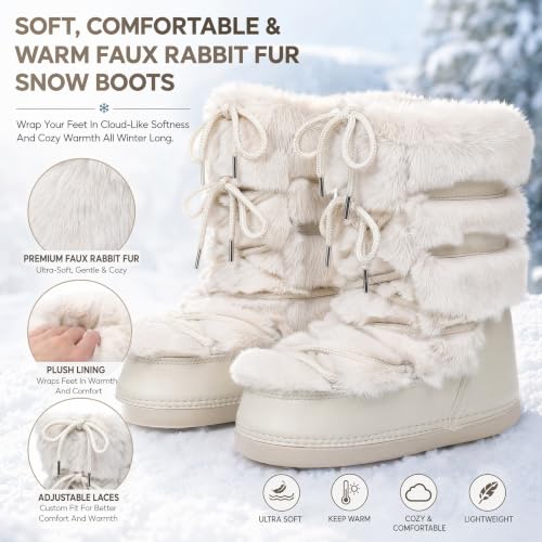 Image of ZHENAIYISHENG Furry Faux Fur Boots for Women - Fuzzy Winter Snow Boots - Fluffy Black White Pink Fur Boots - Lace-up Mid-Calf Water-Resistant Platform Boots
