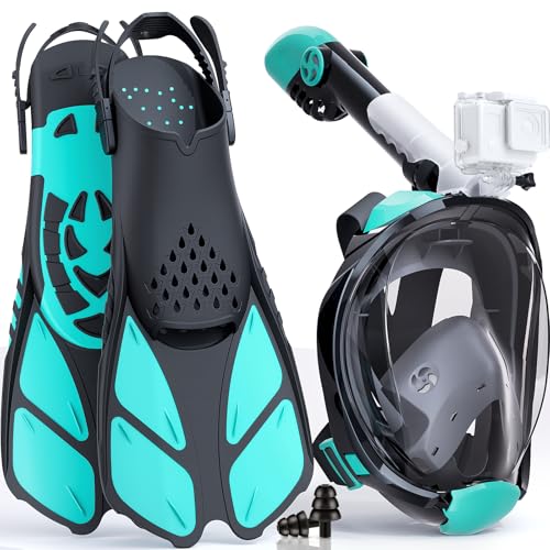 Schnorchelset für Erwachsene, Faltbare Vollgesichtsmaske mit Flossen, CO2-sicher, Anti-Beschlag & auslaufsicher inkl. Tragetasche - Schnorchelmaske Erwachsene für Schnorchelurlaub
