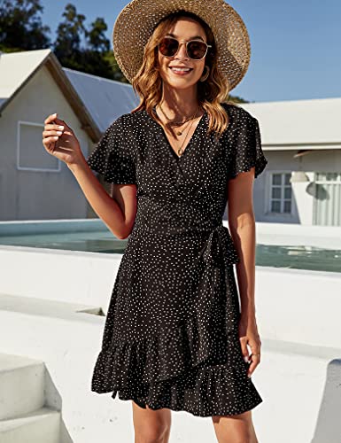 Naggoo Women's Summer Wrap V Neck Polka Dot Print Ruffle Short Sleeve Mini Floral Dress with Belt - Image 4
