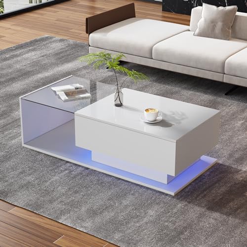 OKMYHOME Table Basse Blanche avec LED, 1 Tiroir et Plateau Verre Brillant Anti-Rayures, Design Moderne, 100x50x32 cm - Blanc
