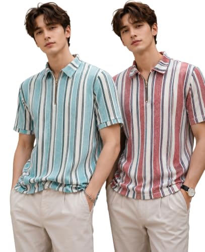 Image of London Hills Men's Loose Fit Half Sleeve Vertical Striped Polo T-Shirt with Zip Collar | Premium Polyester Fabric | T Shirt for Man | Tshirt | Shirts Men | Tshirt for Man | Men T-Shirts