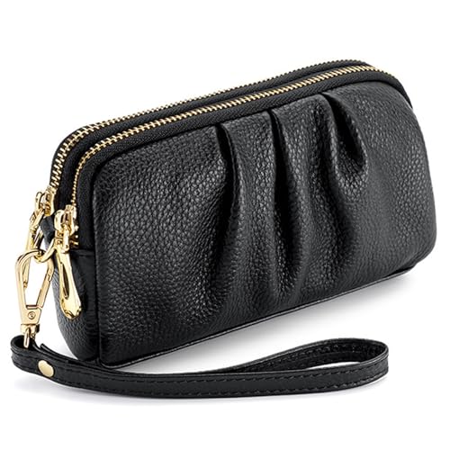 Pochette porte-monnaie en cuir véritable chic pour femme avec dragonne