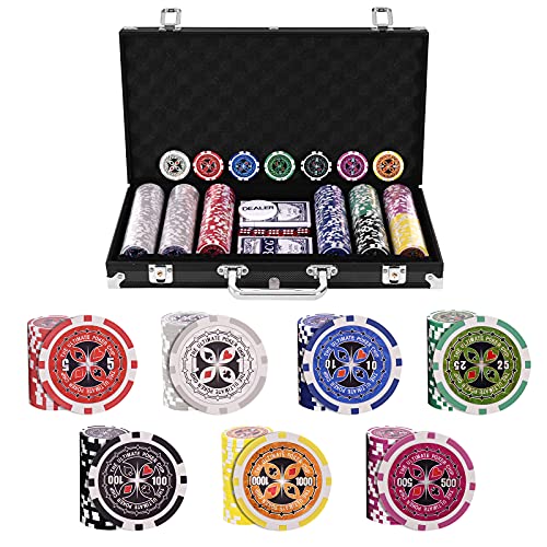 HOMASIS Pokerset mit 300 Chips, Alu Pokerkoffer mit 2 Kartendecks, 5 Würfeln, 1 Dealer Button, Poker Koffer abschließbar, Poker Set Pokerkarten für Texas Hold'em (300 Chips, Schwarz)