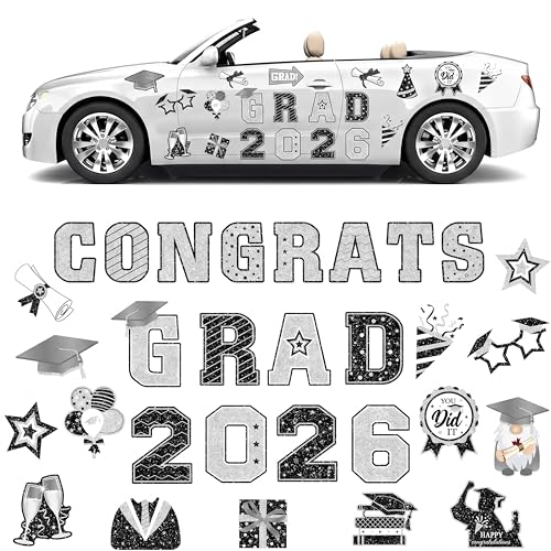 Image of Landhoow 30 Pcs Graduation Car Magnets 2026 Senior Graduation Car Decoration Bumper Sticker Congrats Grad Magnet Magnetic Refrigerator Decal for Grad Parade Party Supplies(Black, Silver)