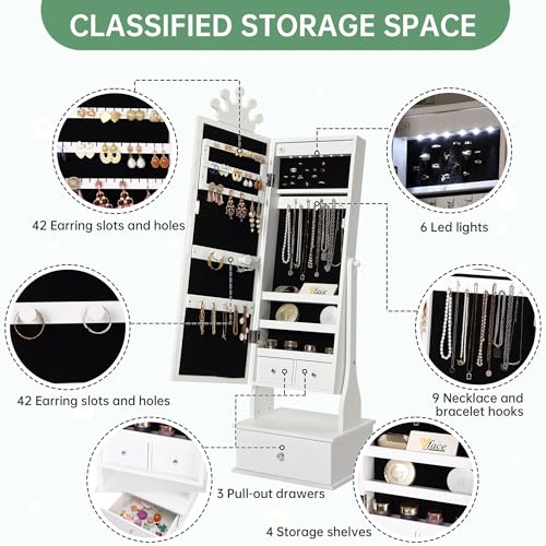 Garvee Kids Jewelry Cabinet with Full-Length Mirror, Freestand Mirror with Storage Drawers, Kids Vanity Dress Up Mirror with Jewelry Organizer, 46" Jewelry Armoire for Bithday/Christmas(White)