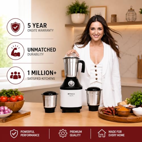 Image of Pringle Alfa 550W 3 Jar Mixer Grinder for Kitchen | 3 SS Jars (Liquidizing, Wet & Dry Grinder & Chutney) | Stainless Steel Blades | Compact & Powerful | 5 Yr Warranty | Black White