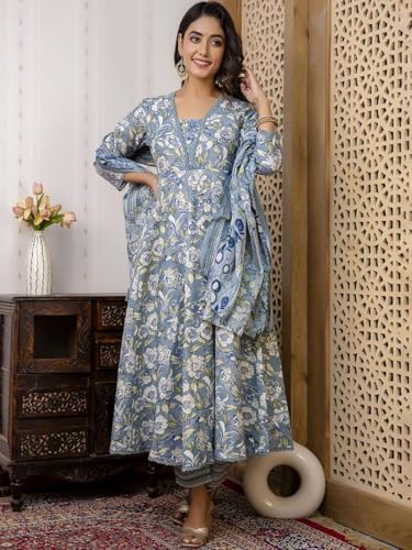 Image of PARTHVI Women's Printed Cotton Anarkali Kurta & Pant With Dupatta Set
