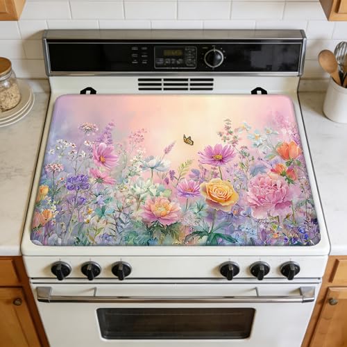 Image of Spring Wildflowers Butterflies Stove Cover for Electric and Glass Stove Tops 3-in-1 Stove Mat, Heat Resistant Counter Protector Mat, Non-Slip Surface & Drying Rack, 28.5 inchLx20.5 inchW