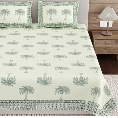 Image of Living Roots Ethnic Jaipur Block Print Double Cotton Bedsheet & 2 Pillow Covers, for Mattress Upto 6 inches Thick, No Colour Bleeding, Green Colour, King Size 90 * 108 inches, 120TC (608-C)
