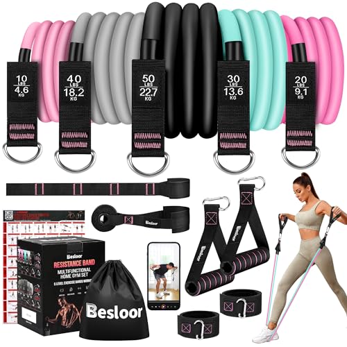 Besloor Resistance Band Set with Handles, Door Anchor & Ankle Strap (Pink) - Full-Body Workouts with Guide & Video