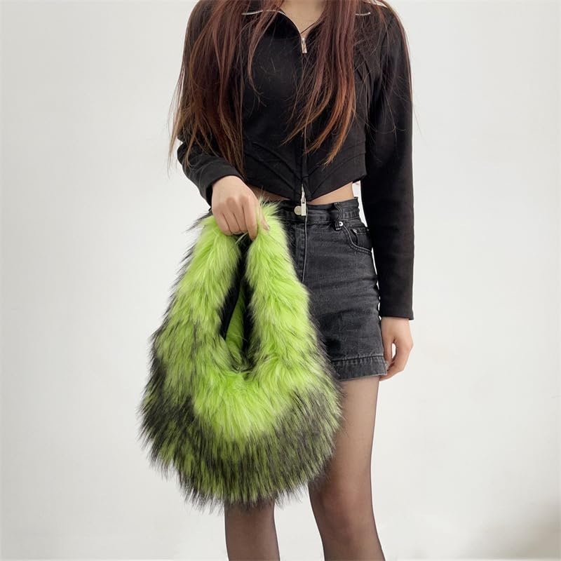 Image of Faux Fur Hobo Shoulder Bag for Women - Large Cute Fluffy Tote Plush Handbag Y2K Furry Purse