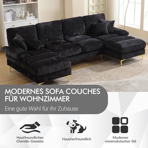 QQU 4 Seater Corner Sofa, Chenille Fabric Sectional Couch, Modular U-Shaped Sofa with Double Chaise for Living Room (Black) - Image 5