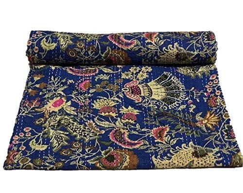Textile Work Creations TI AMO Bird Print Cotton Handmade Bedspread Kantha Quilt King Size Bohemian Bedspread Kantha Quilt Single (90 X 108 Inches (Queen Size), Blue)-image-23