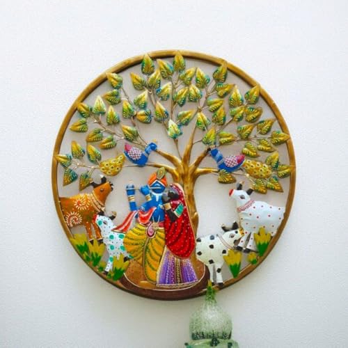 Image of SHREE 'O' GREEN TECH - Metal Radha Krishna with Cow Wall Art Frame Decorative Wall Hanging Sculpture for Home, Living Room, Temple Decor Traditional Indian Wall Decor Showpiece (Size 30x30 Inch)