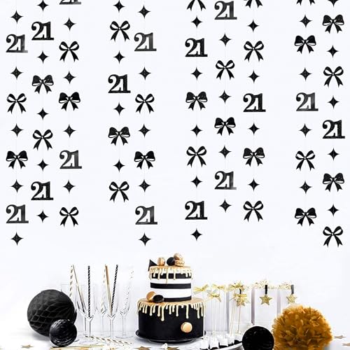 Image of Black 21st Bow Birthday Decorations Glitter Conquette Bow Garland Streamer Banner Backdrop for Girls Boys Happy 21st Birthday Finally Legal Cheers to 21 Years Old Awesome Since 2004 Party Supplies
