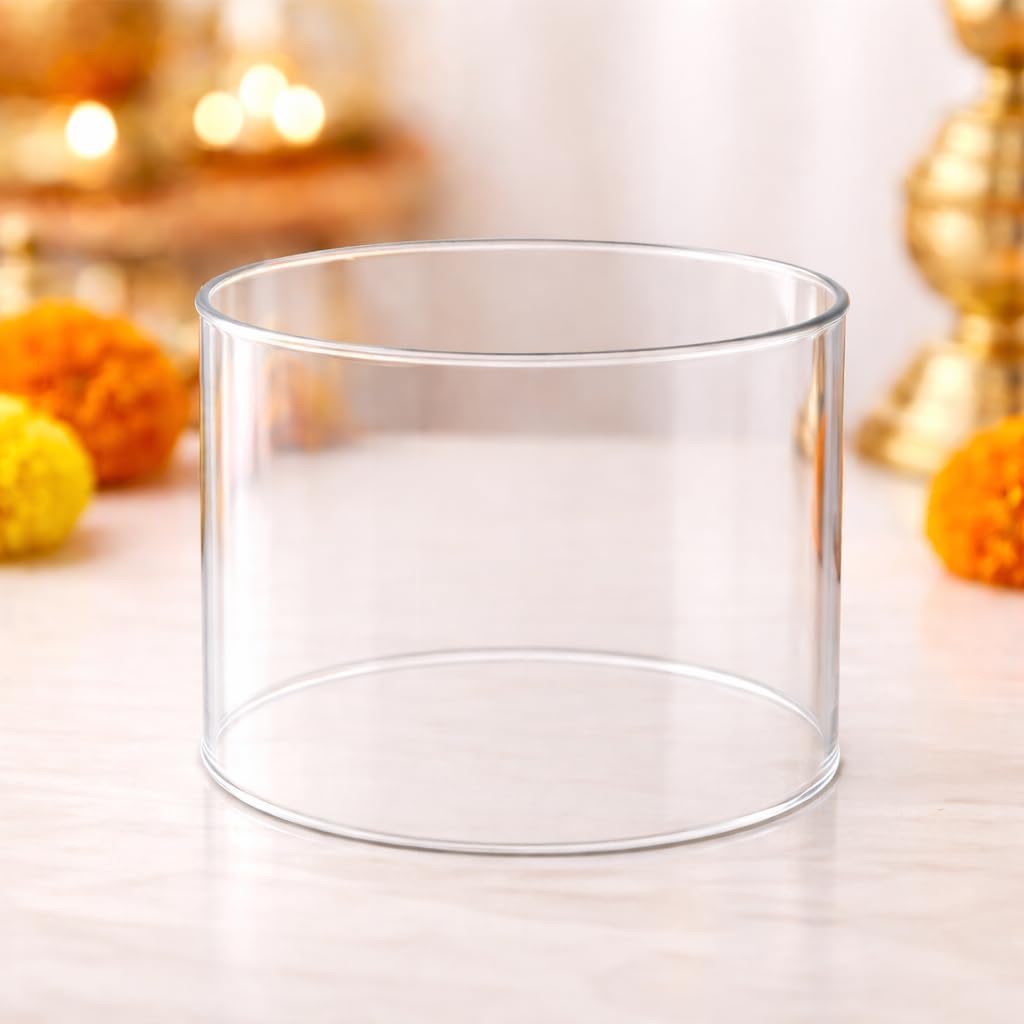 Diya Glass Cover | Heat Resistant Transparent Wind Protector Glass Cylinder for Akhand Jyot, Oil Lamp & Tealight Candle | Open-Ended Borosilicate Glass Hurricane Shield | Large-image-27