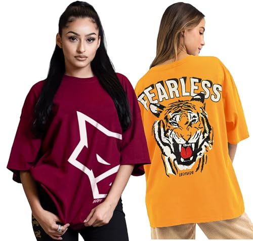 Image of LEOTUDE Cottonblend Oversized Half Sleeve Colorful Printed Combo T-Shirts for Women (Pack of 2)