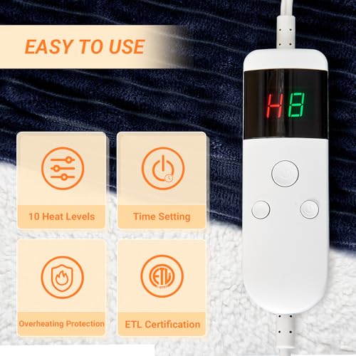 Image of Heated Blanket Electric Queen, Soft Flannel Heating Blanket with 8 Hours Auto Off 10 Fast Heating Levels Machine Washable Sherpa Heated Blanket with Overheating Protection