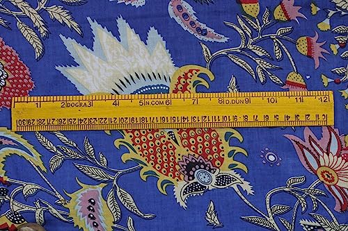 Image of Indian Hand-Block Printed Jaipuri Mukut Floral Print Ethnic Sanganer Kurti Print Cotton Fabric (10 Yards, Royal Blue Mukut)
