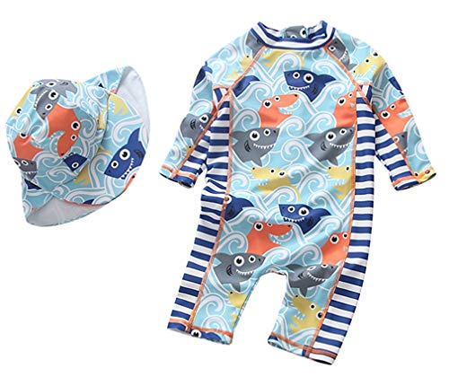 Image of Baby Toddler Boys Girls One Piece Swimsuit Set Swimwear Shark Bathing Suit Rash Guards Sunsuit with Hat UPF 50+ (Blue, 0-3 Months)