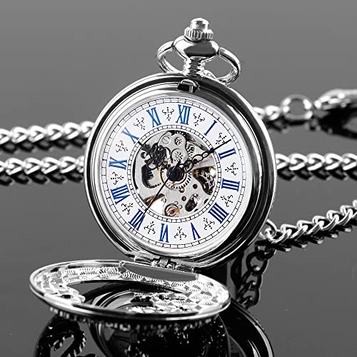 Image of Men's Mechanical Hollow Design Hand Wind Pocket Watch Roman Numerals Steampunk with Chain Box