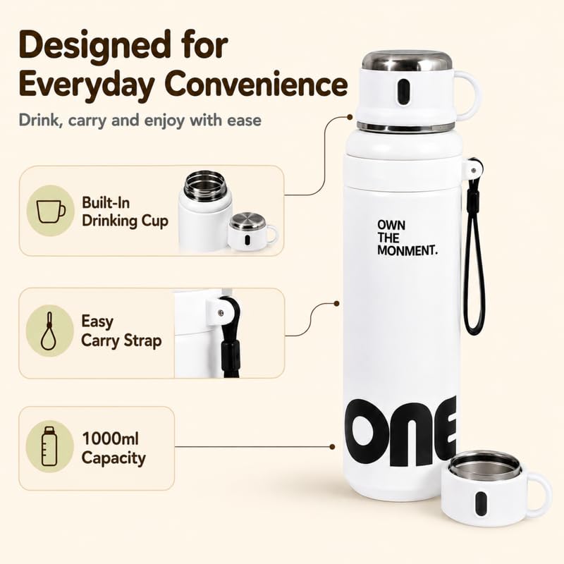 Image of Homero Premium Steel Bottle 1 Litre 1L, Stylish Water Bottle with Cup & Straw, Leak Proof Sleek Metal Design for Office, Gym, School, College & Travel Use - Classic White