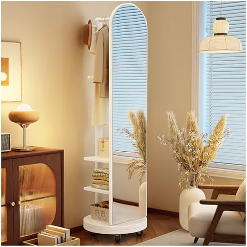 2-in-1 Rotating Full Body Mirror & Coat Rack with Wheels - Wooden Floor Mirror, 360° Adjustable Standing Dressing Mirror for Bedroom, Living Room, Hallway, Cloakroom (40cm)