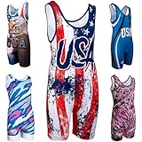 KO Sports Gear Unisex Wrestling Singlet for Adult Wrestlers - Wrestling Singlet for Men & Women - Bold Durable Uniform, Stretchy Breathable Material - USA Flag, Adult Medium