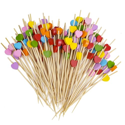 100 Stück Cocktailspieße 12 CM Schaschlikspieße Holz mit Herz Bunte Holzspieße für Fingerfood Obstspieße Holzstäbchen für Snacks & Hochzeitstorte Deko
