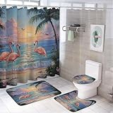 DIPQIMI 4Pcs Fine Flamingos Landscapes Shower Curtain Sets with Rugs, Toilet Lid Cover and Bath Mat, Tropical Seaside Tree Bathroom Shower Curtains Set with 12 Hooks