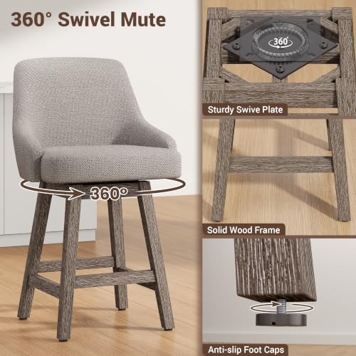 Image of YaFiti Swivel Counter Height Bar Stool 1 pcs, 24 inch Modern Chenille Fabric Barstool with Back, Widen Upholstered Seat, Hardened Wood Legs for Kitchen Counter, Island, Dining Room, Oatmeal Grey