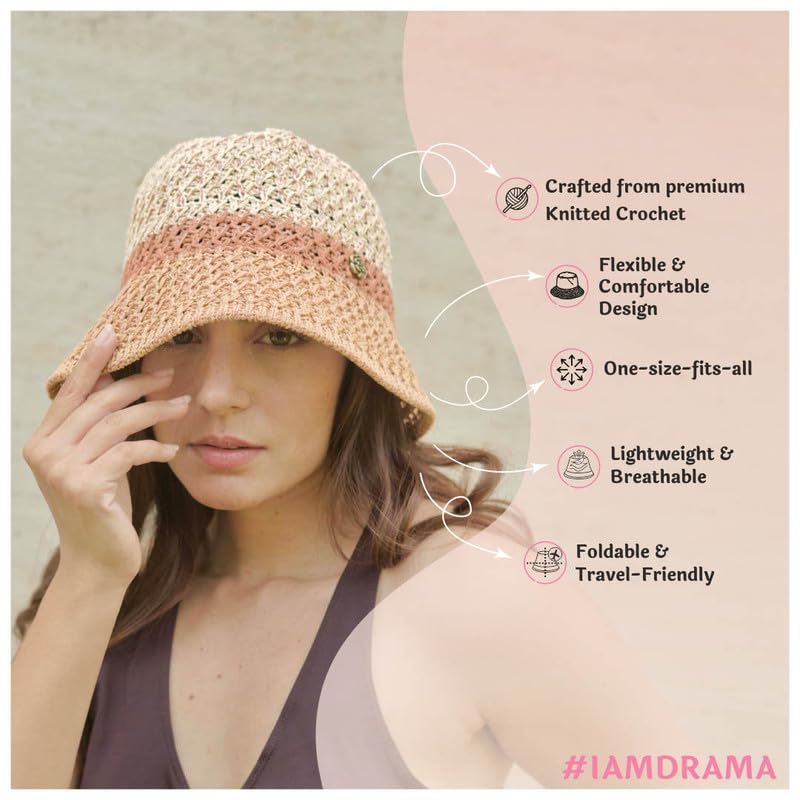 Image of Hair Drama Co. Crochet Bucket Hat for Women | Comfy & Casual Knit Handmade Foldable Floppy Hat | Summer Crochet Bucket Cap for Women & Girls