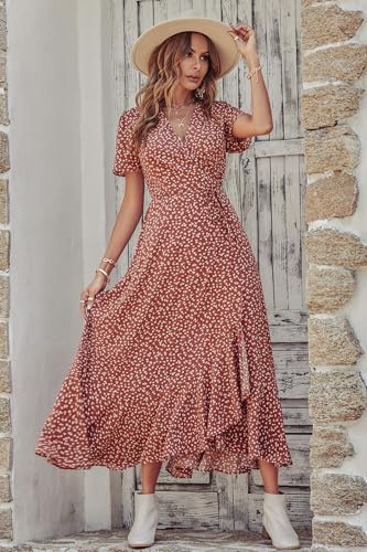 PRETTYGARDEN Women's Summer Maxi Dress Casual Wrap Floral Boho Short Sleeve V Neck Split Ruffle Beach Long Dresses